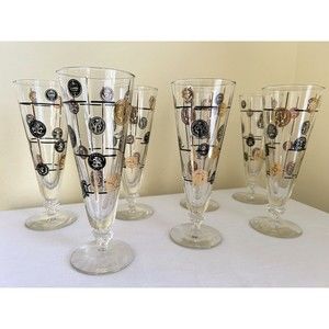 Vintage Libbey Pilsner Beer Glasses Barware 10 oz Coins Black Gold Lot of 7